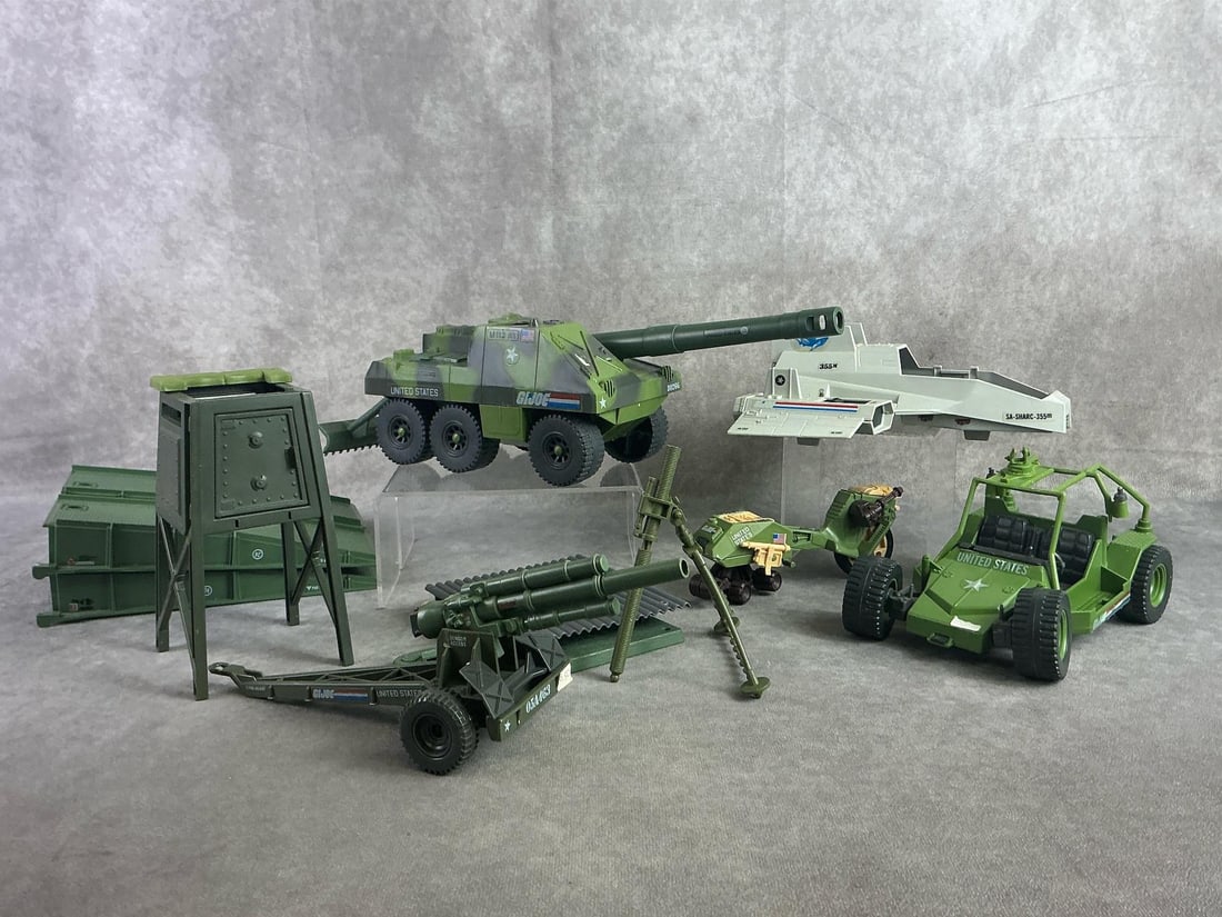 GI Joe Vehicles: Four 1980s GI Joe vehicles including Slugger M112 A1, AWE Striker, and accessories. All in fair condition, most appear incomplete or with damage. Tank measures 6 inches wide x 11 inches tall.