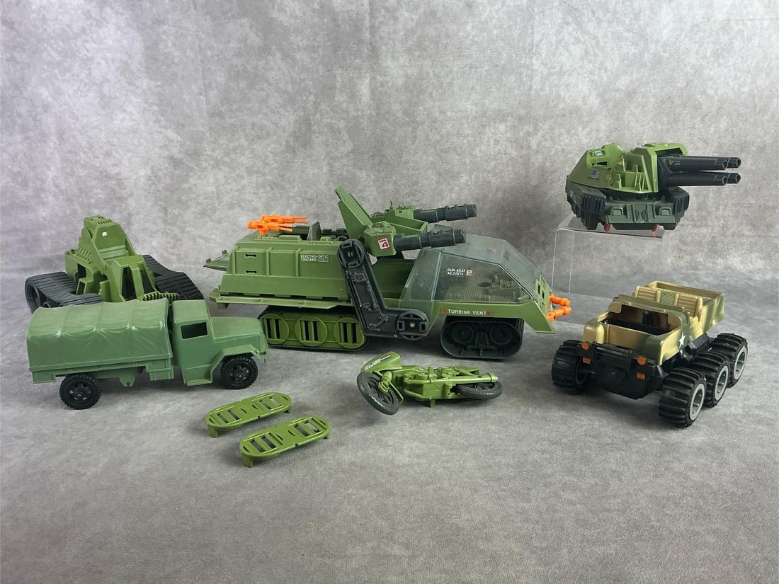 GI Joe Vehicles: Six 1980s GI Joe vehicles including HAVOC, High Riser, and more. All in fair condition, most appear incomplete or with damage. HAVOC measures 4 inches wide x 13.5 inches tall.