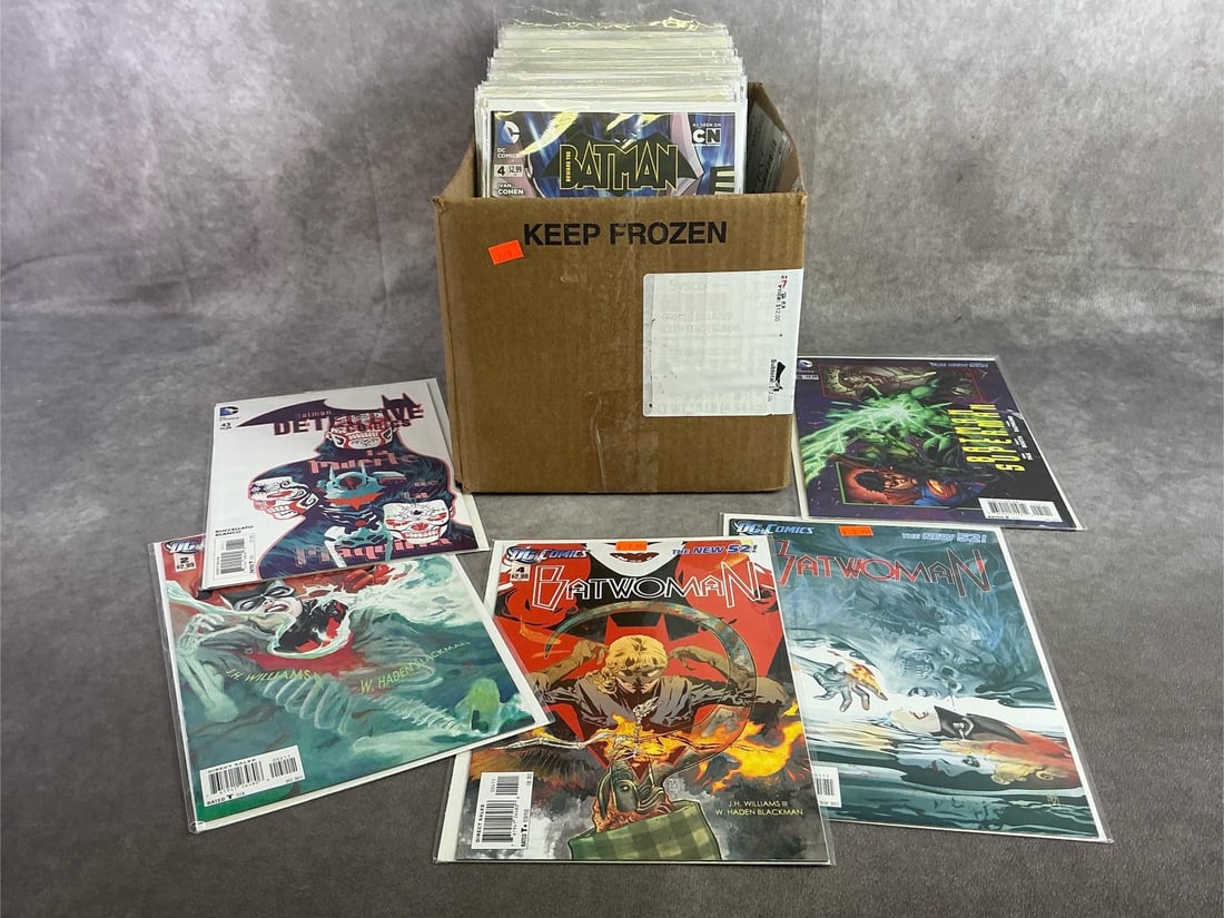 Vintage Comics: Approximately 80 vintage comics including Batwoman, Batman, Spider-Man, Night Wing and more. All in good condition and with plastic sleeve protectors. Box measures 9.75 inches wide x 12 inches x 7