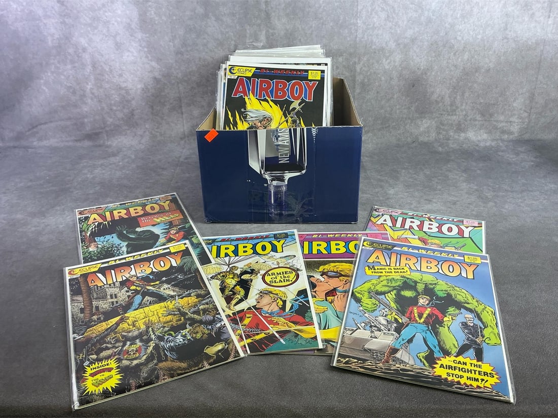 Vintage Comics: Approximately 80 vintage comics including Airboy, Darkhold, Green Arrow, and more. All in good condition and with plastic sleeve protectors. Box measures 9.75 inches wide x 13 inches x 6.5 inches