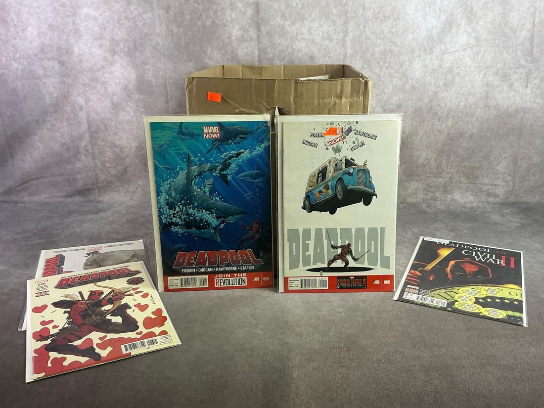 Vintage Comics: Approximately 80 vintage comics including Deadpool, Avengers, Star Wars, and more. All in good condition and with plastic sleeve protectors. Box measures 12 inches wide x 15 inches x 10.25 inches