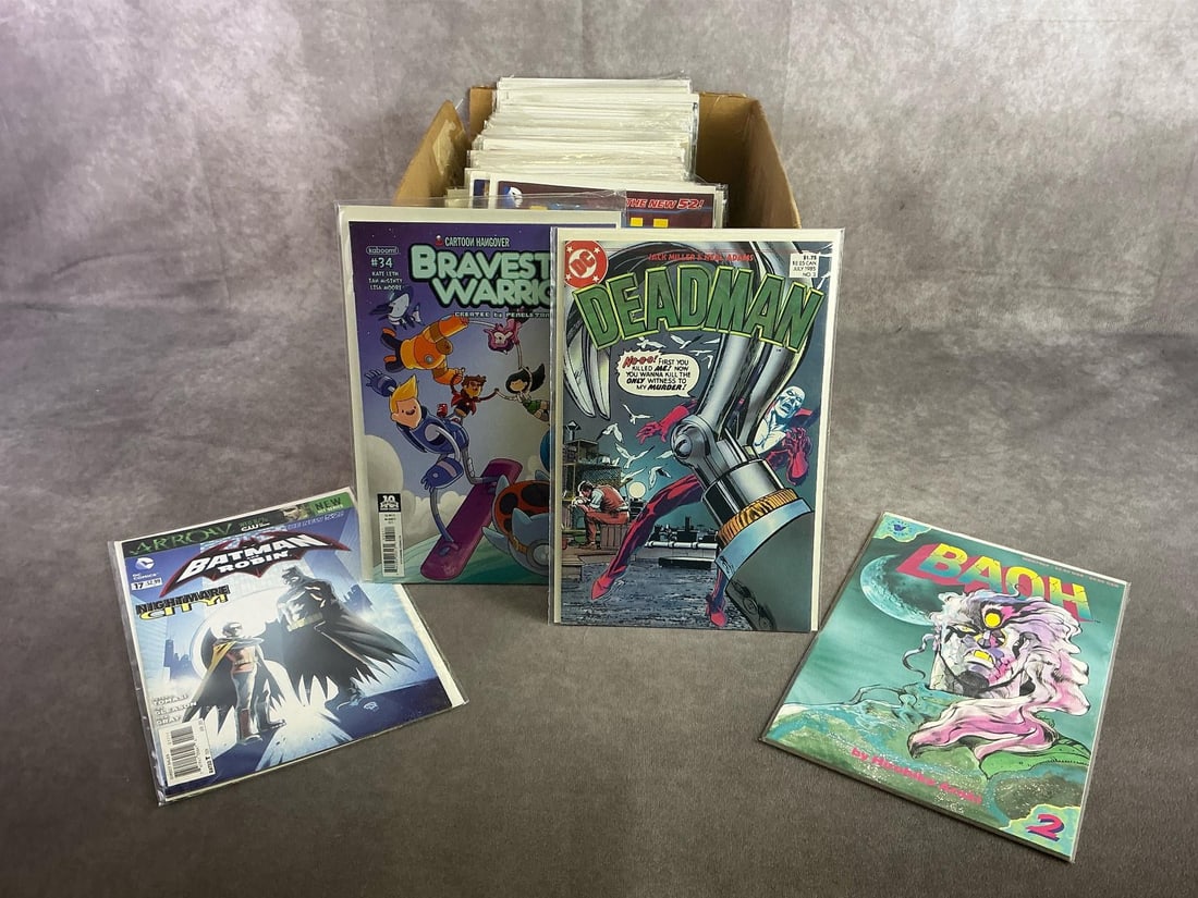 Vintage Comics: Approximately 80 vintage comics including Deadman, Batman, Bravest Warrior, and more. All in good condition and with plastic sleeve protectors. Box measures 12 inches wide x 15 inches x 10.25 inches