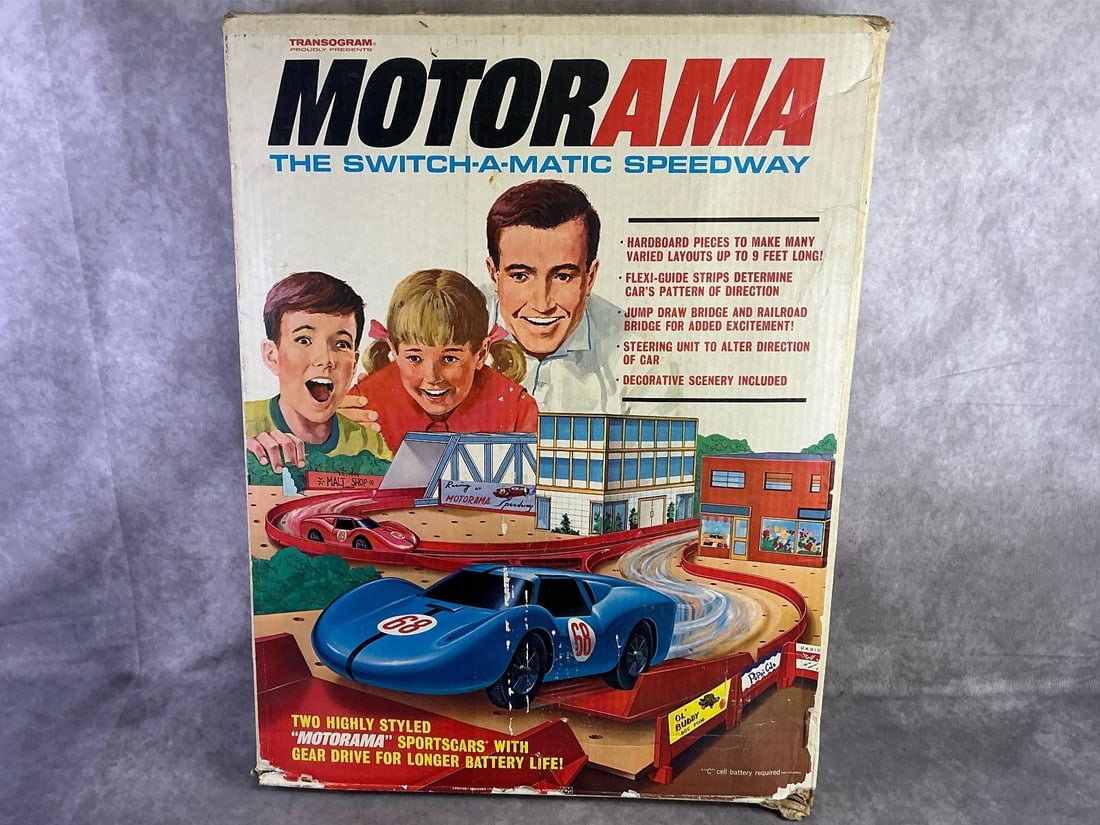 Motorama: 1966 Motorama Switch A Matic speedway slot car racing set made by the Transogram Company. In fair condition with original box and untested. Box measures 19 inches wide x 25 inches tall.