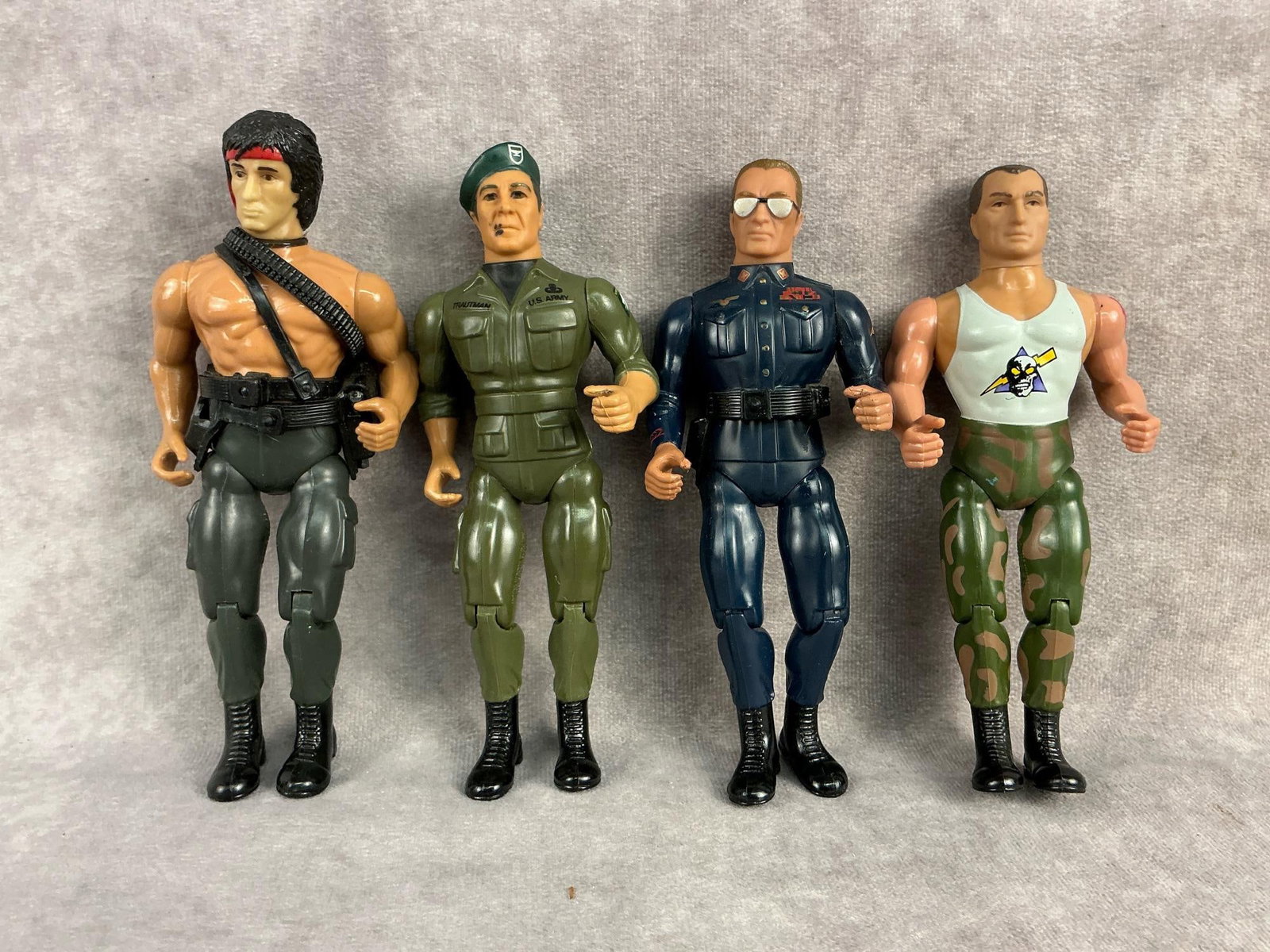 Rambo Action Figures: Four 1985 Rambo action figures with some accessories. Includes Rambo, General Warhawk, Trautman, and Sergeant Havoc. Comes with accessories pictured. Fair to good condition. Each one measures 6.5