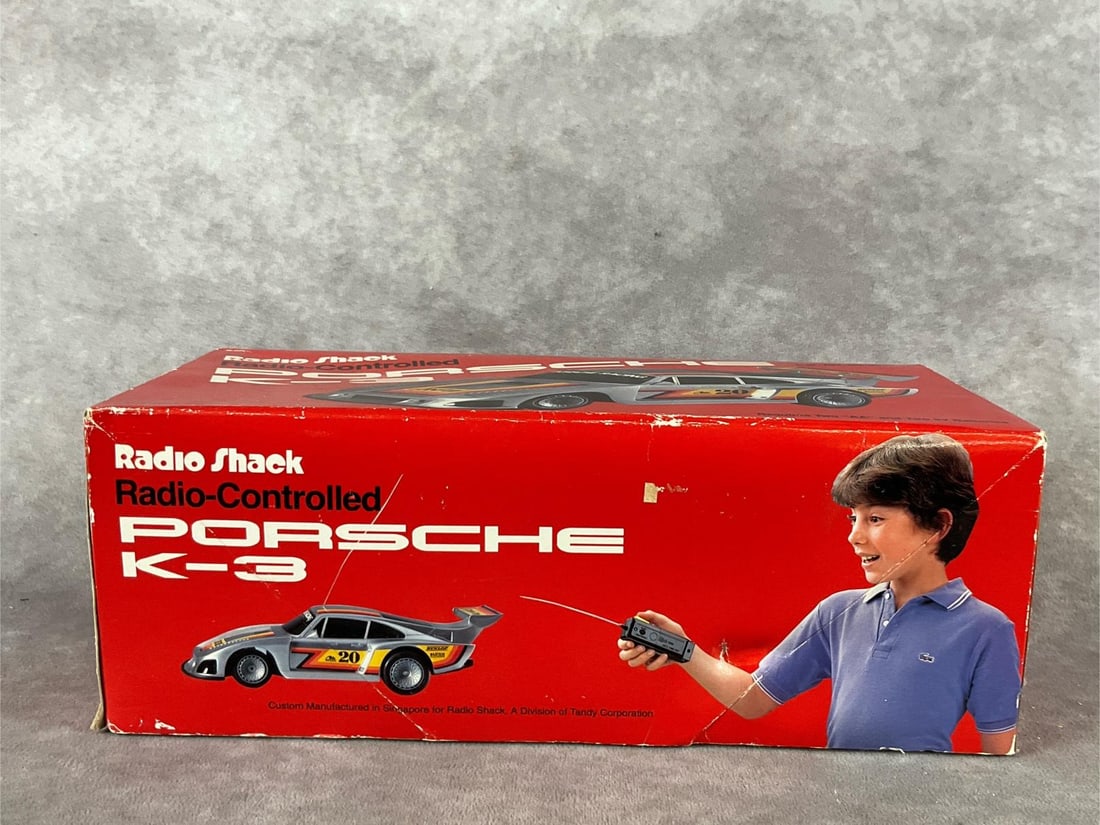 1980s Radio Shack K-3 Turbo Remote Control Car: 1/20 scale. Complete, with car, remote, and instructions. In good condition, untested. Box measures 11 inches wide x 6 inches wide x 5 inches tall.