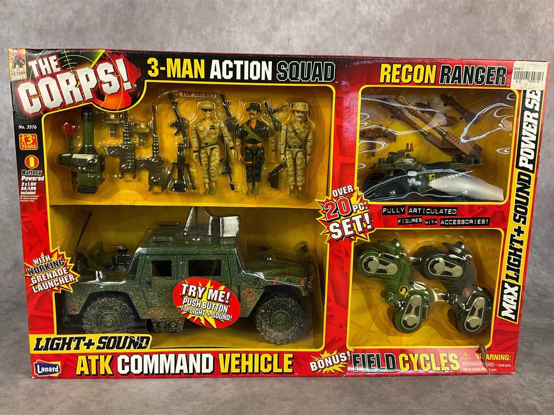 Total Action Series The Corps!: 1999 Made in Hong Kong by Lanard. 20 pc set with 3 Man Action Squad, Command Vehicle, Recon Ranger, and Field Cycles. Figures are fully articulated and come with all accessories. Box has minor damage