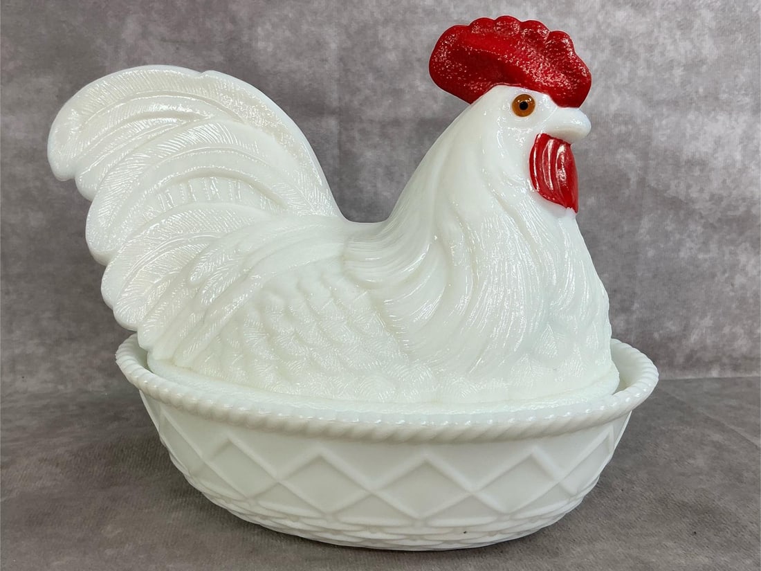 Westmoreland Rooster on Nest: Vintage Westmoreland rooster on nest. Milk glass covered dish. Westmoreland mark in top "hen" section. In good condition. Measures 9 inches long x 6 x 6.5 inches tall.