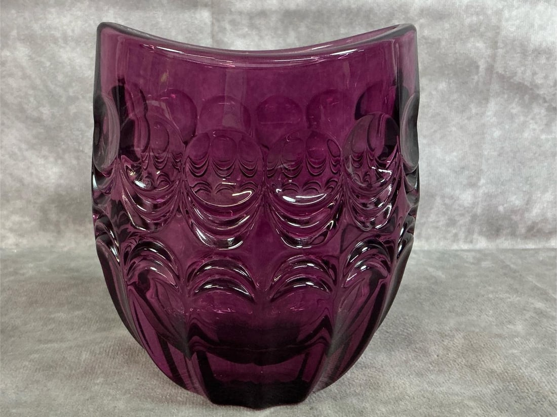 Marquis Waterford Vase: Vintage violet Marquis vase. Waterford crystal vase in Rumba pattern. Waterford mark on bottom.In good condition. Measures 4.5 inches wide x 3 x 5.25 inches tall.
