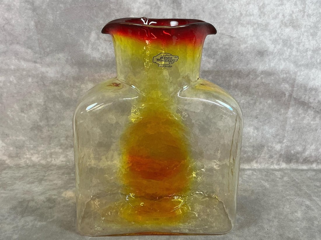 Blenko Square Vase: Vintage Blenko handcrafted vase. Handblown tangerine amberina water bottle, called "Tequila Sunrise ". In good condition. Measures 6.5 inches wide x 2.75 x 8 inches tall.