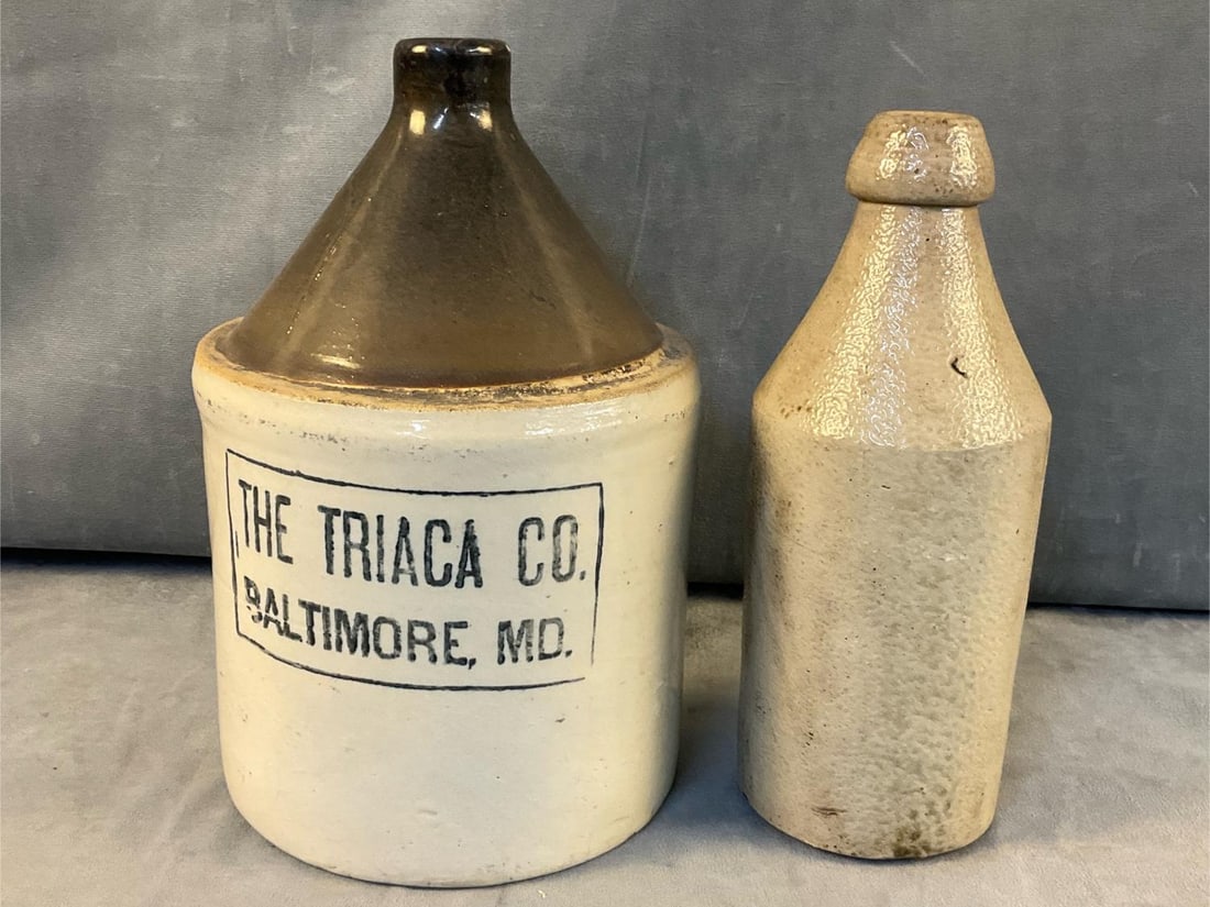 Baltimore Stoneware: Late 19th century stoneware pieces. One Baltimore stamped advertising jug for "THE TRIACA CO. BALTIMORE, MD." One stoneware unmarked beer bottle. TRIACA jug measures 7.25 inches in diameter x 11 inche