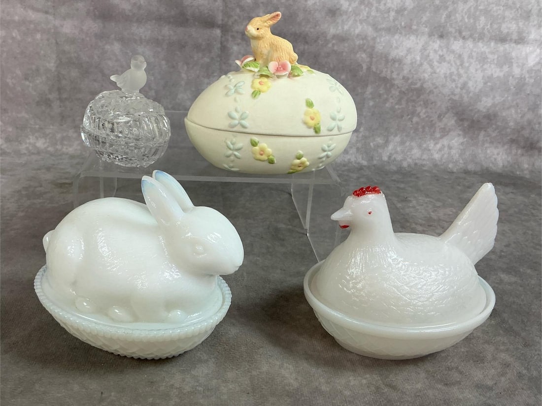 Bunnies & Birds Collection: Four mid to late 1900's eggs and nests. Ceramic Easter egg trinket box with bunny and Hofbauer Byrnes crystal trinket box. Includes bunny on nest and hen on nest with red eyes and comb. In good
