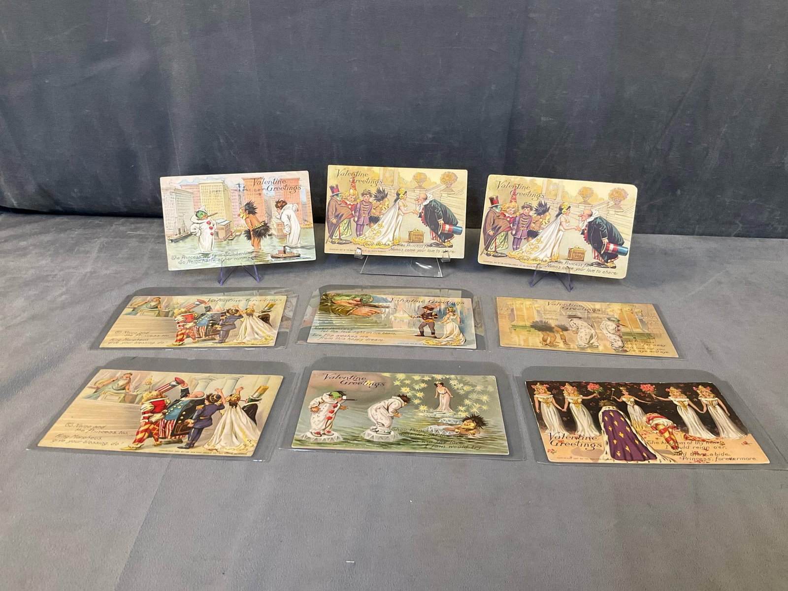 Valentine Postcards: Nine 1907 Tuck "Little Nemo" Valentine Greetings postcards by artist Winsor McKay. Titles include; "Nemo and the Princess, too", "Though, Princess, Nemo's far away", "Dear Princess, let the