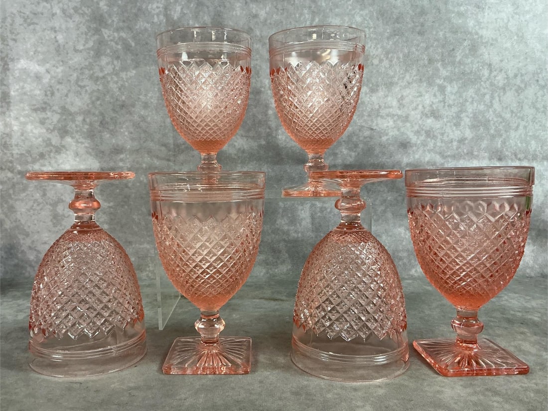 Miss America Goblets: Six early 1900's Anchor Hocking goblets. Miss America pink water goblet with diamond-patterned glass and square base. In good condition. Goblets measure 3.25 inches in diameter x 5.5 inches tall.