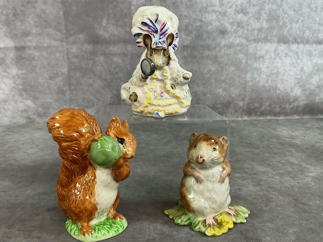 Beatrix Potters Collectibles: Three 1948-1951 storybook animals from Beatrix Potter. Includes Lady Mouse 1951, Squirrel Nutkin 1948, and Timmy Willie. In good condition. Squirrel measures 1.5 inches wide x 2 x 3.75 inches tall.