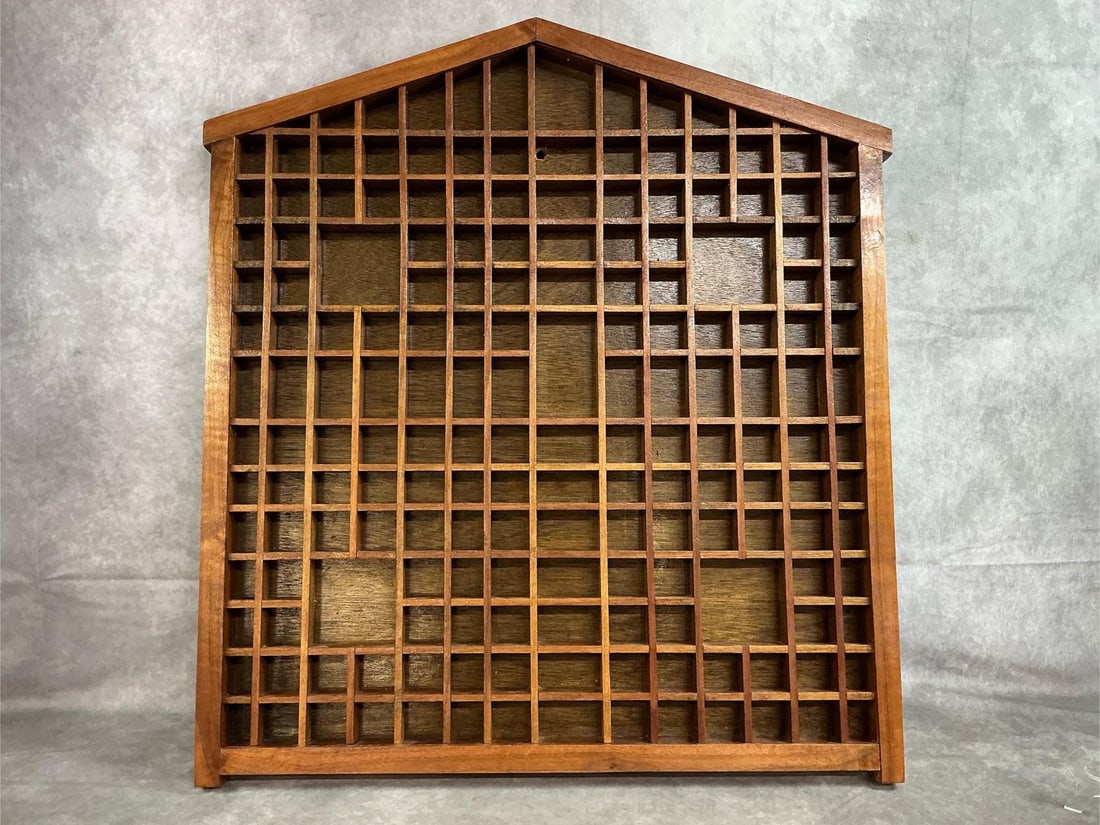 Large Wooden Trinket Box: Vintage "house shaped" trinket box or shadow box. Wall display made of wood for displaying miniature collectibles. In good condition. Measures 24.25 inches wide x 1.5 x 27 inches tall.