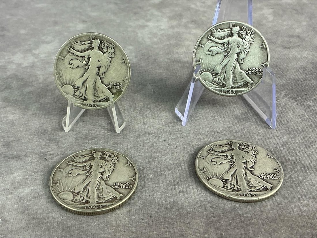 Walking Liberties: Four 1943 Walking Liberty Half Dollars. All in good circulated condition. Total weight 1.57 ozt.