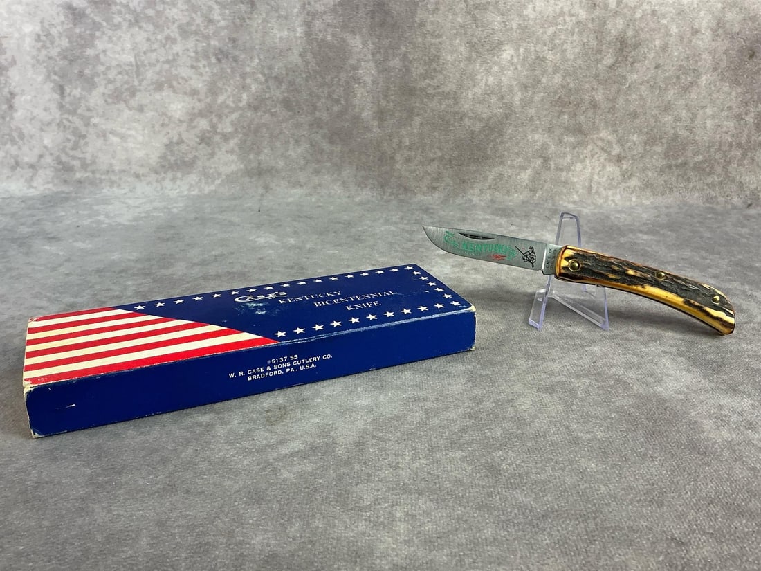 Case XX Knife: 1974 Case XX knife commemorating Kentucky Bicentennial. Sodbuster, patterned 5137ss, tight snap and comes in original display box. Box measures 7.5 inches x 2.5 inches tall.