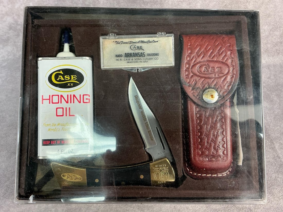 Case XX Knife: 1984 NAPA 60th Anniversary Case XX knife set. Lockback, patterned 2159 lssp, tight snap and comes in original display box, although does show wear from age. Box measures 9.15 inches wide x 7.15 inches