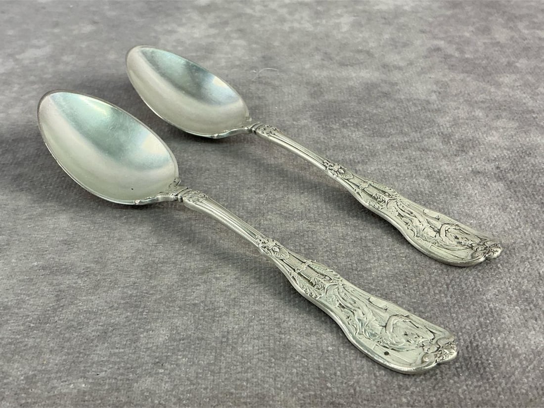 Gorham Sterling Spoons: Two circa 1900 mythologique spoons by Gorham Sterling. In good condition, stamped with oxidation present. Total weight 2.34 ozt.