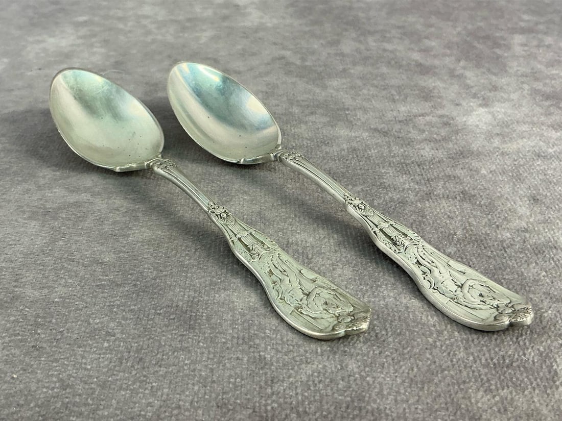 Gorham Sterling Spoons: Two circa 1900 mythologique spoons by Gorham Sterling. In good condition, stamped with oxidation present. Total weight 2.31 ozt.