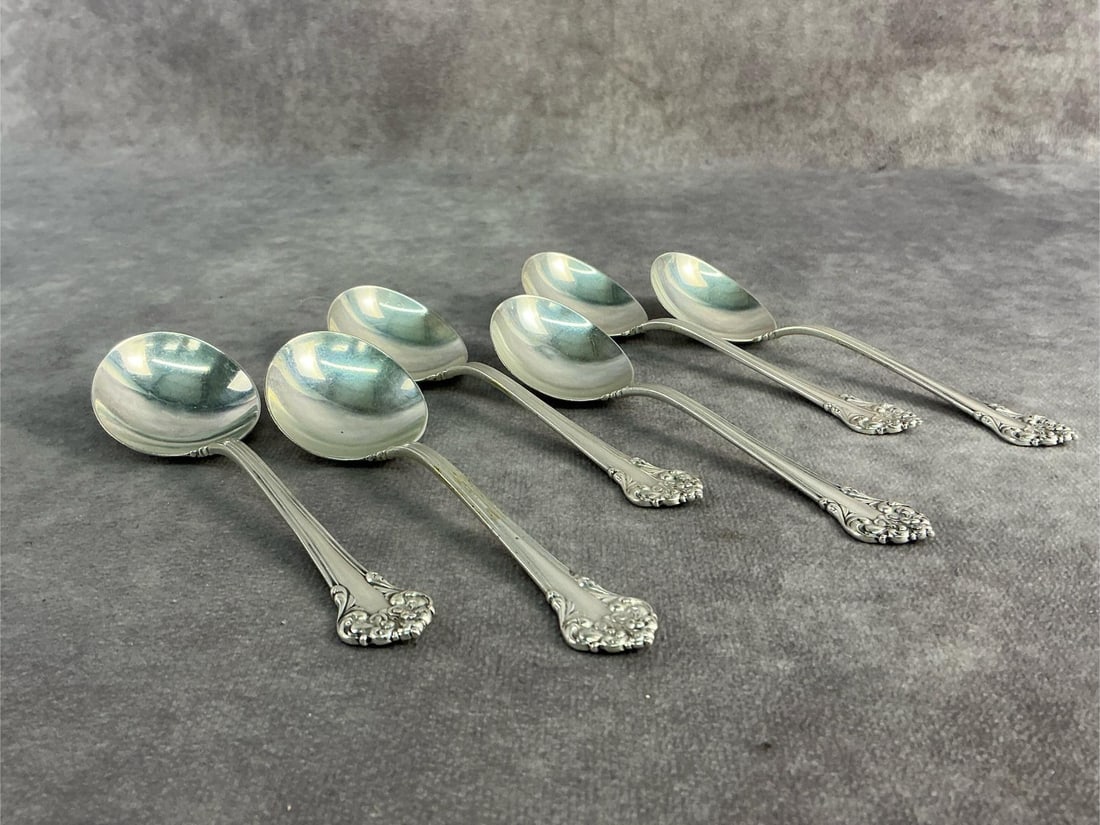 Gorham Soup Spoons: Six Gorham Sterling silver soup spoons patterned in King Edward. All in good condition, stamped with oxidation present. Total weight 4.28 ozt.