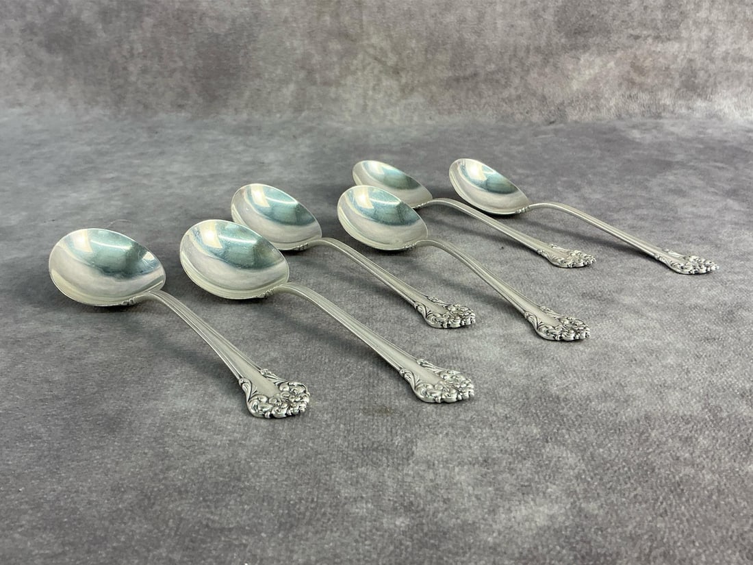 Gorham Silver Soup Spoons: Six Gorham Sterling silver soup spoons patterned in King Edward. All in good condition, stamped with oxidation present. Total weight 4.25 ozt.