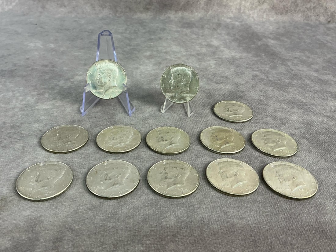 Kennedy Halves: Seven 1967, five 1966 and one 1965 Kennedy Half Dollars. All in fair to good circulated condition. Containing 40 percent silver with a total weight of 4.78 ozt.