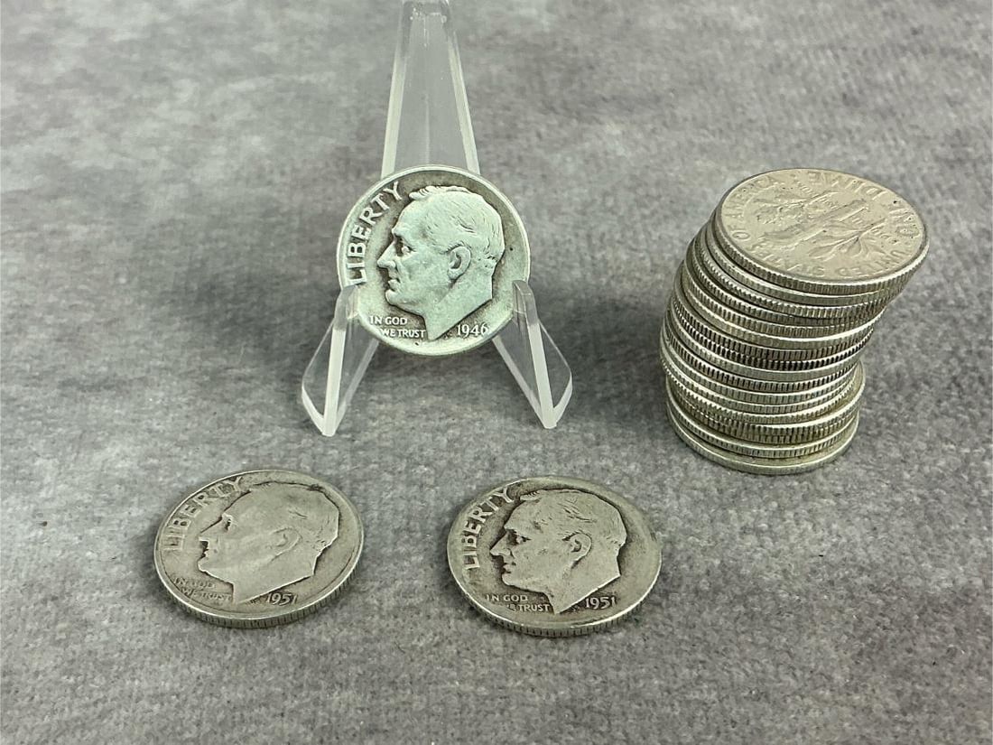 Roosevelt Dimes: Twenty Roosevelt dimes ranging from 1946 to 1964. All in fair to good circulated condition. Total weight 1.59 ozt.