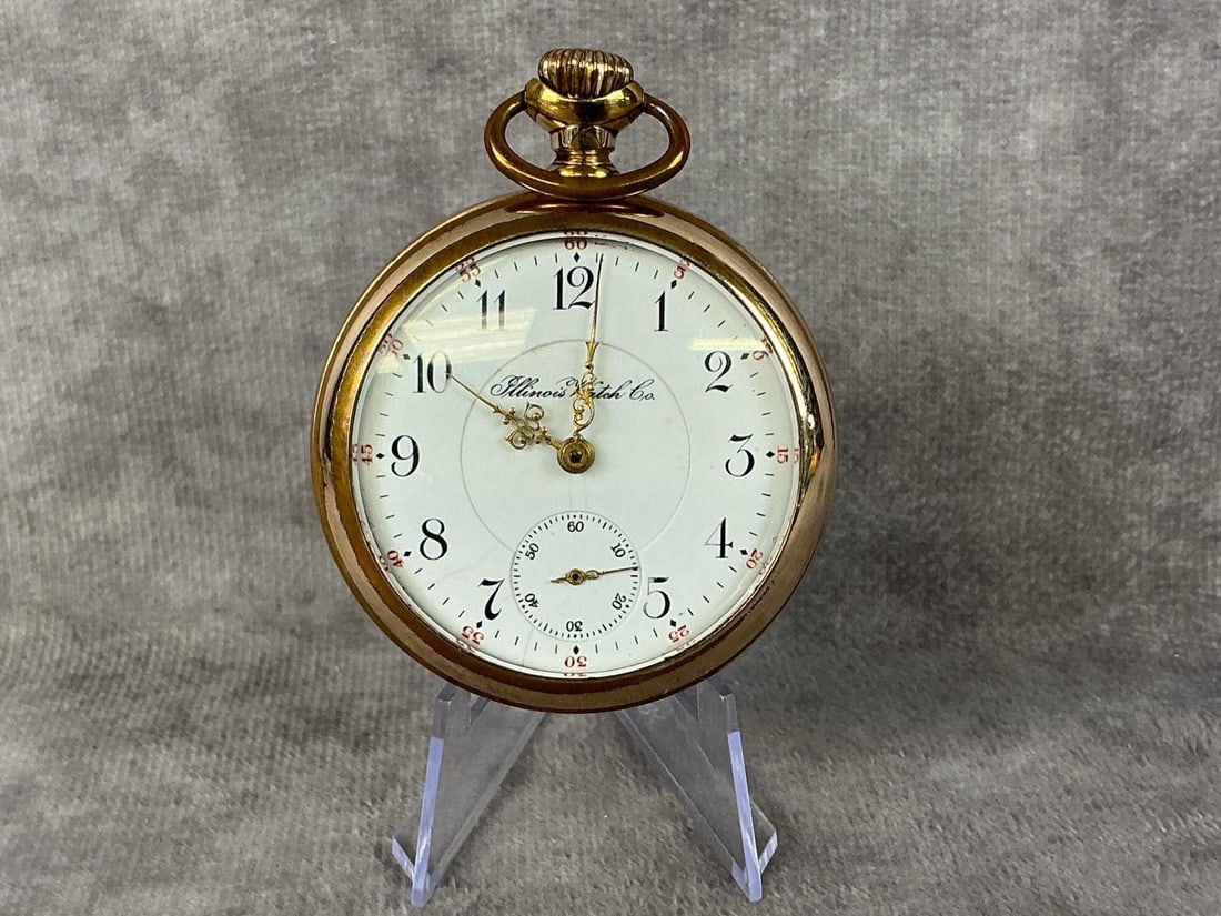 Illinois Watch Co Pocket Watch: Circa 1900 10kt gold filled Illinois Watch Co open face 15 jewel pocket watch. Screw off back, inside back cover marked Wadsworth Pilot Guaranteed 20 years serial number 924698. Currently running,