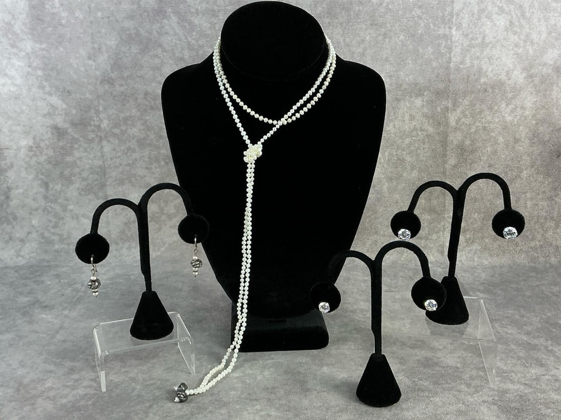 14kt Studs & More: Two pairs of 14kt stud cz earrings with additional earrings and necklace from Mignon Faget of New Orleans. All in good condition. Total weight for studs 3.4 dwt.