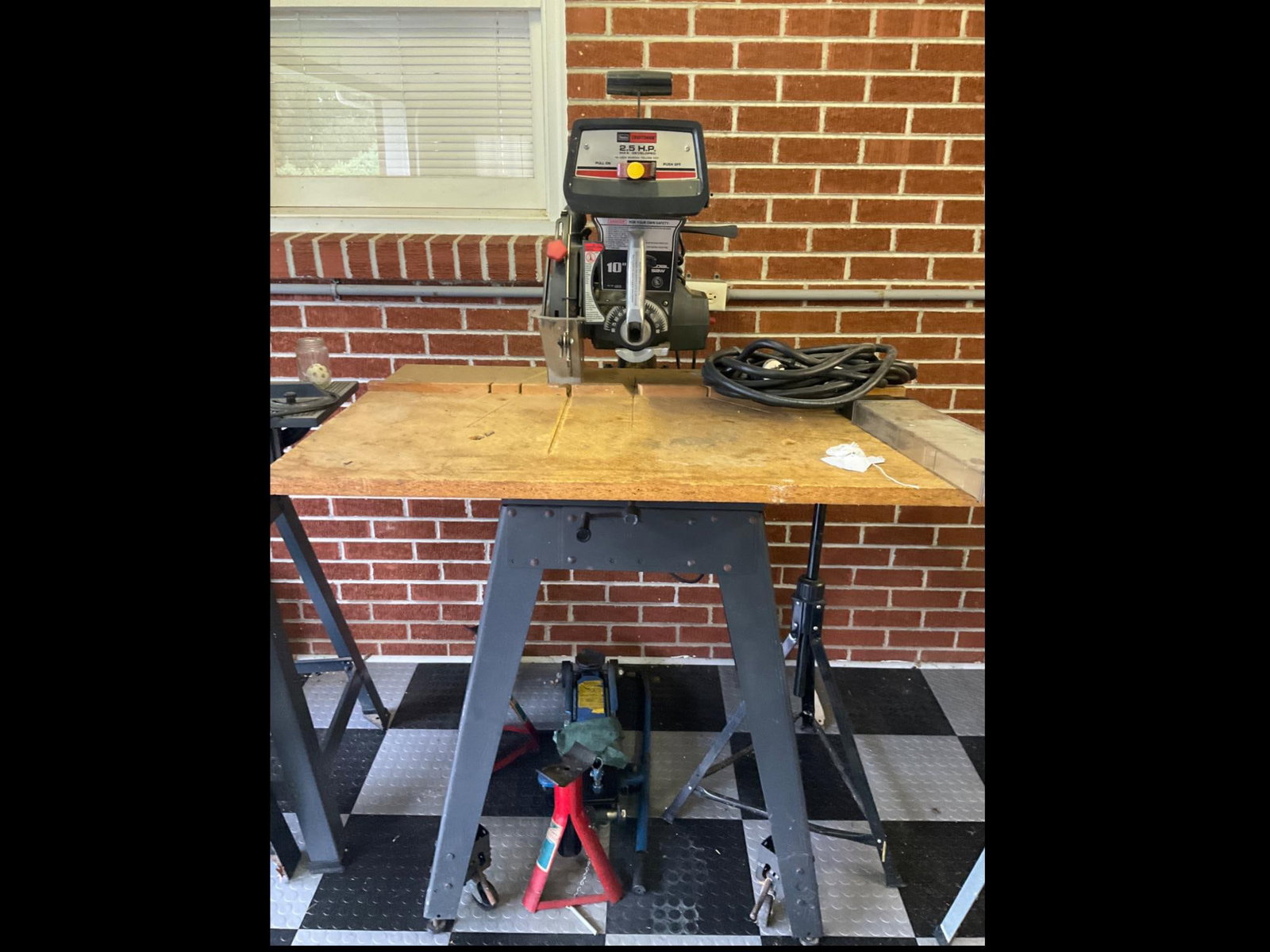 Craftsman Radial Arm Saw: 10 inch 2.5 hp, on stand. Used, in good condition. Measures 40 inches long X 34 inches wide X 61 inches high.