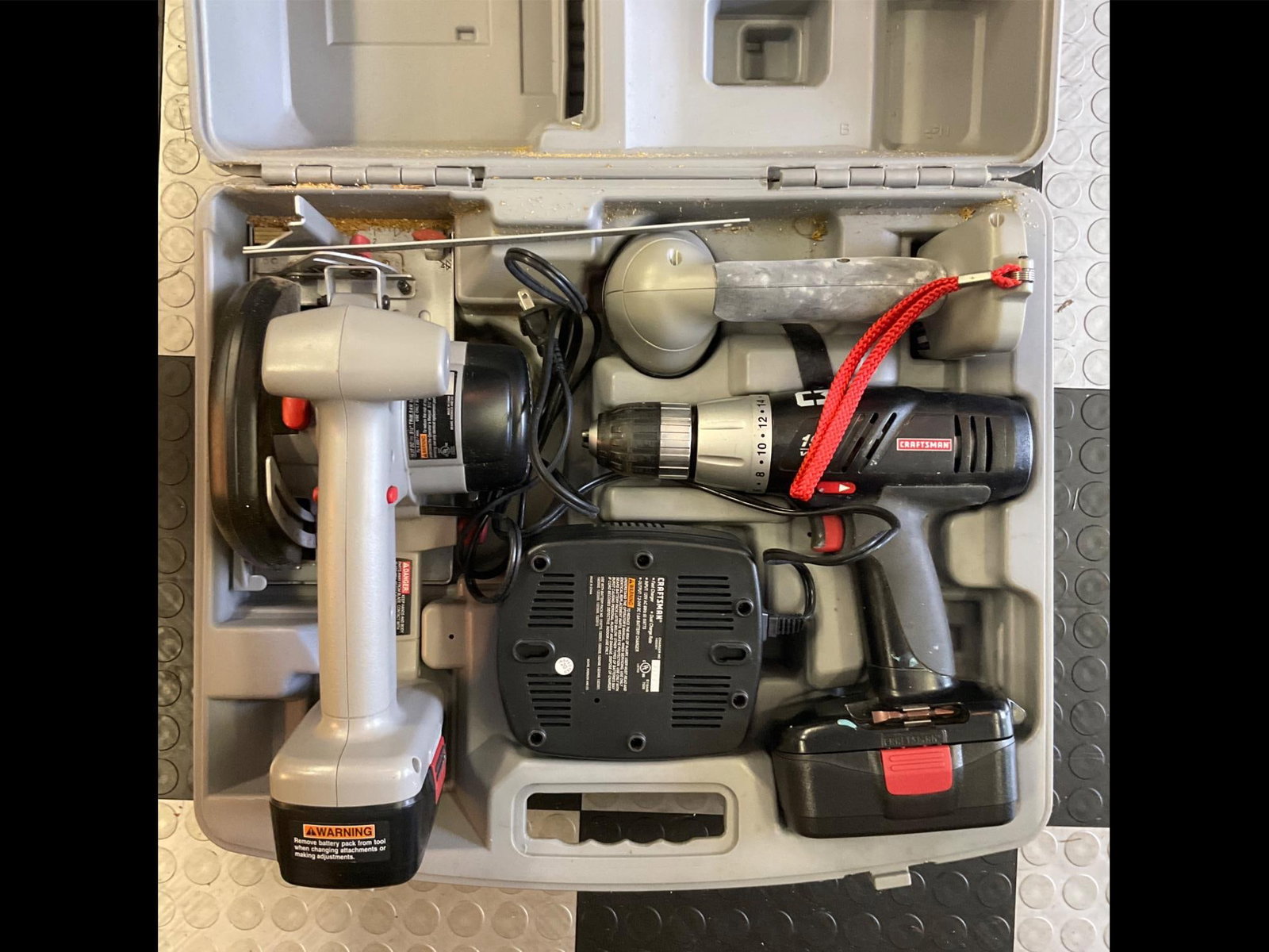 Craftsman Battery Tool Set: 75th anniversary combo set 19,2 volt. Includes drill/driver, trim saw, light and case. Used, in good condition. Case measures 20 inches long X 16 inches wide X 9 inches high.
