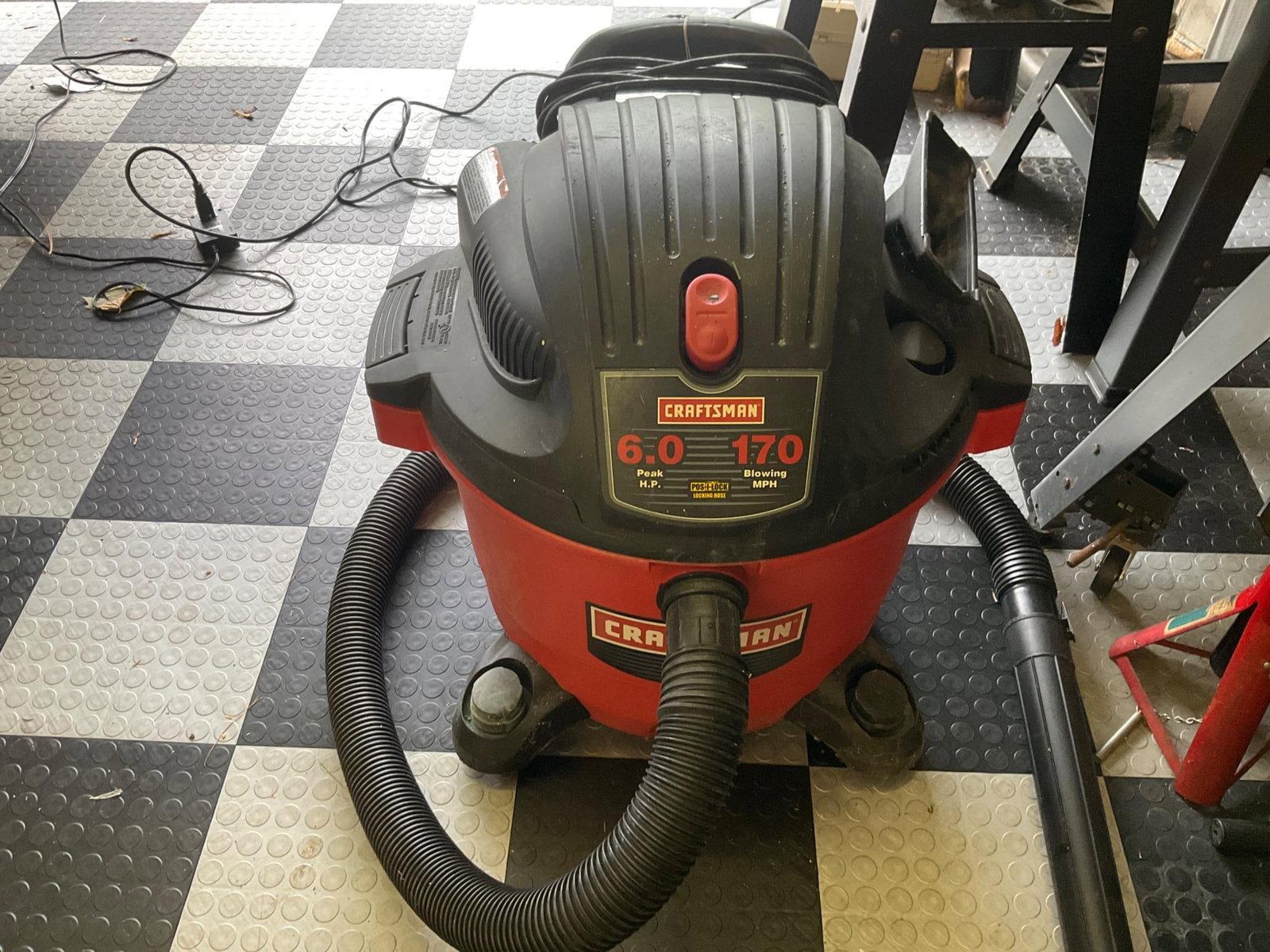 Craftsman Wet/Dry Vacuums: Two 16 gallon 6 hp vacs. Used. One has a broken handle, others in good condition. Measures 20 inch in diameter X 27 inches wide high.