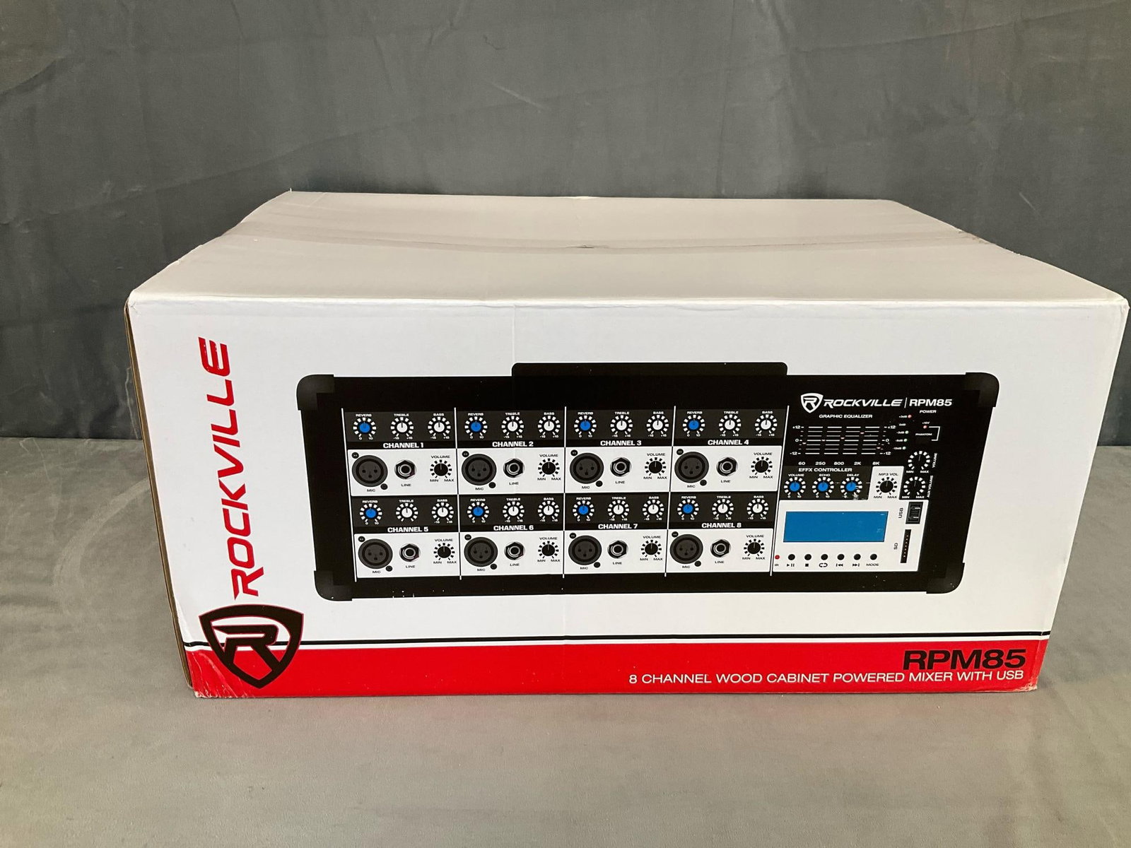 Music Mixer (New): 2021-22 unopened new in original box Rockville 8 channel wood cabinet powered mixer with USB. Model # RPM85. Built in Bluetooth playback, illuminated five band graphic equalizer, peak power output - 1