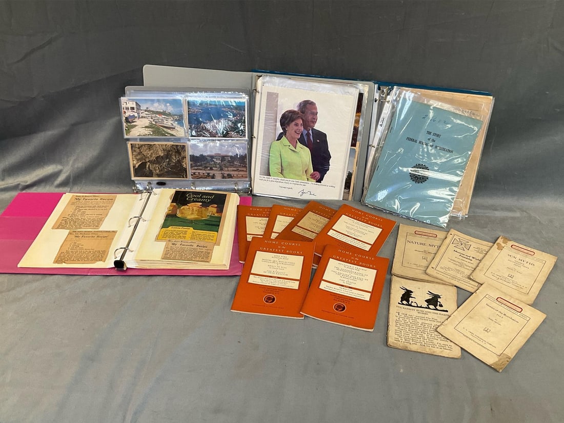 Assorted Ephemera: Vintage 20th century ephemera including; President George Bush RNC letter and photos, pink binder album with cut out 1950's Clifton Forge, Virginia newspaper recipes, six paper back books titled