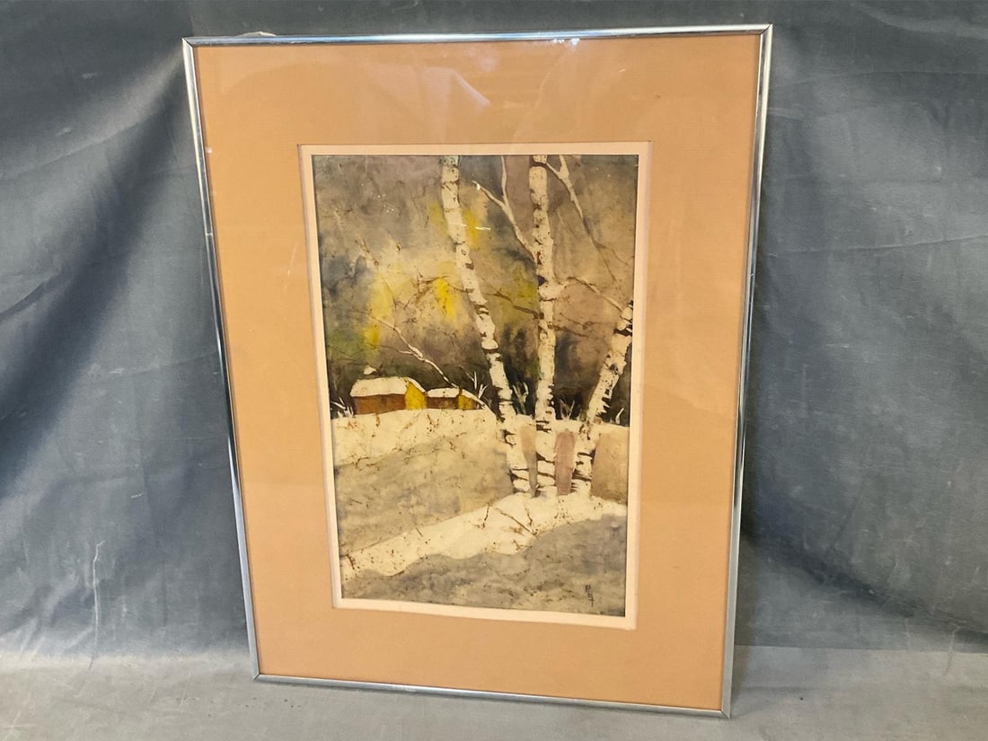 Artwork/Contemporary Mixed Medium: Contemporary framed and matted mixed medium watercolor landscape with birch trees and barns. Illegible signature lower right. Good condition. Measures 18.5 inches wide x .75 x 24.25 inches tall.