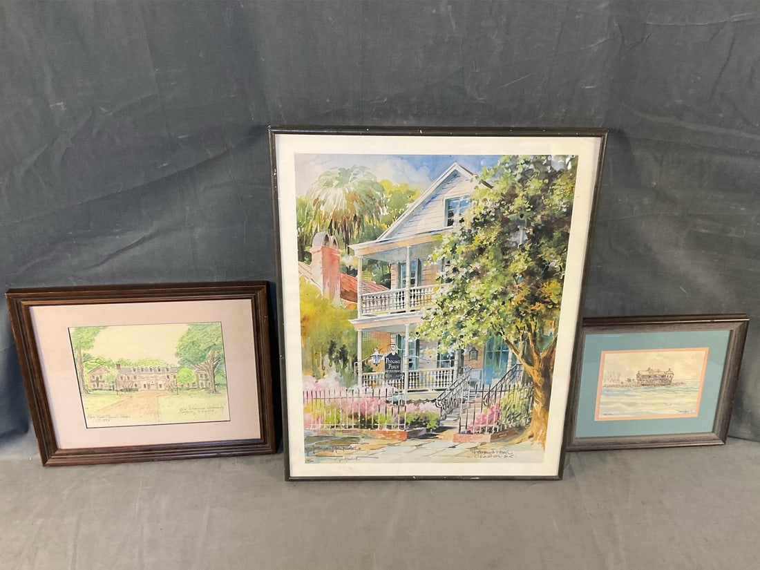Contemporary Prints: Two late 20th century framed prints and one signed watercolour. One signed Josie Van Gent Edelman numbered 510/1000 print titled "Poogan's Porch / Charleston, South Carolina". Upper right corner chip