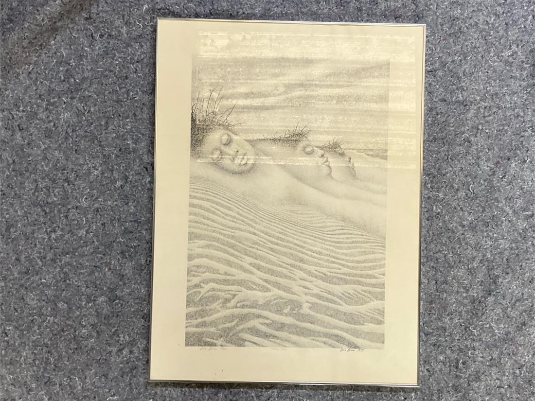 Contemporary Print: 1977 Dave Bruner signed and numbered 53/200 framed monochrome block print titled "Sleeping Dunes". Areas of debris under glass, otherwise good condition. Measures 23 inches wide x 1 x 30.75 inches tal