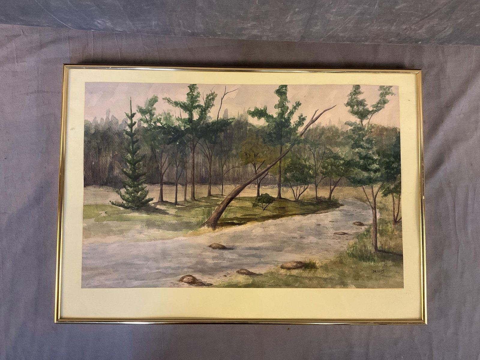 Landscape Watercolour Painting: Mid-20th century framed watercolour and pen landscape painting signed "Myers". Good condition. Measures 23.25 inches wide x .25 x 16.25 inches tall.