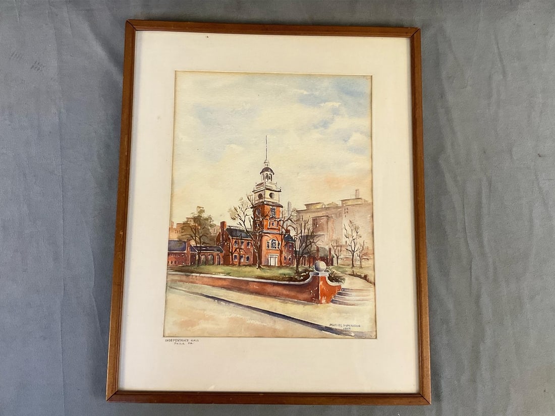 Independence Hall Watercolour: 1933 framed and matted watercolour painting of Independence Hall Philadelphia, Pennsylvania. Signed "Muriel Morrison / 1933" lower right. Good condition. Measures 14.75 inches wide x .25 x 18.5