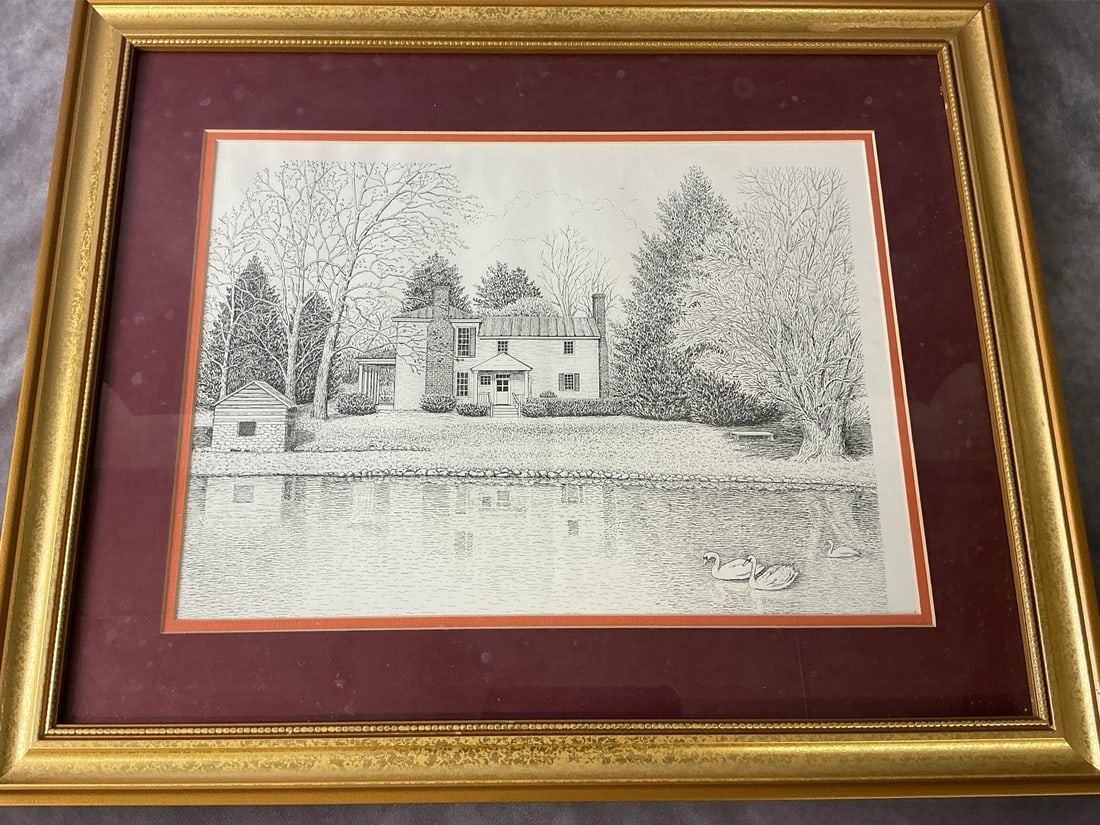"Solitude" at Va Tech: Pen and ink drawing of house at the Duck Pond at Va Tech. Print is matted in Va Tech colors and in gold colored frame. Measures 22.5 inches wide x 1 x 18.5 inches tall.