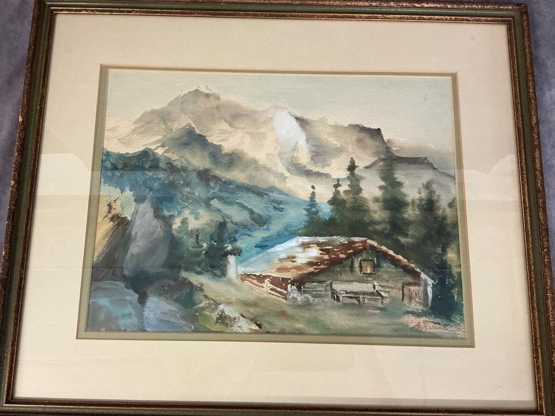 Impressionist Watercolor: Late 1900's watercolor painting of mountain scene. Signed by artist - A Fisher and matted and framed. In good condition. Measures 22 inches wide x 1 x 18 inches tall.