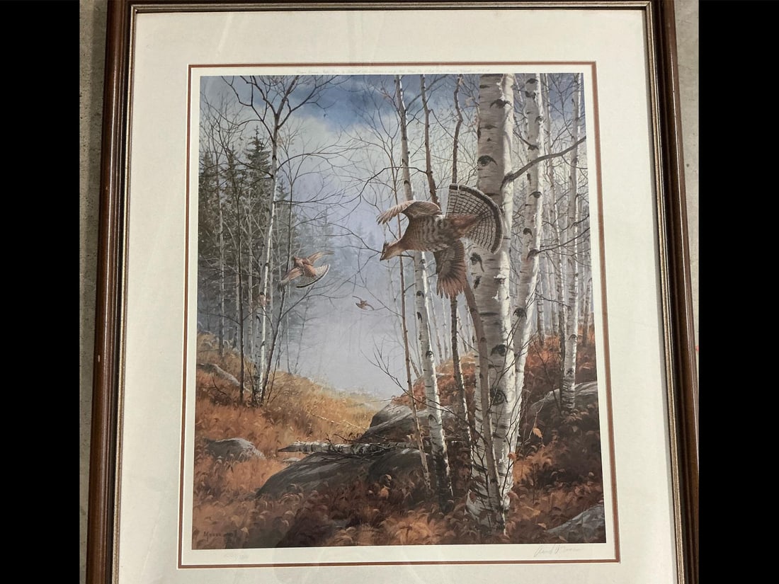 Ruffled Grouse Print: 1988 print titled "Canyon Crossing-Ruffled Grouse". Signed art by David A Maas, matted and framed. Numbered 1054/1200, in good condition. Measures 30 inches wide x 1 x 34.5 inches tall.