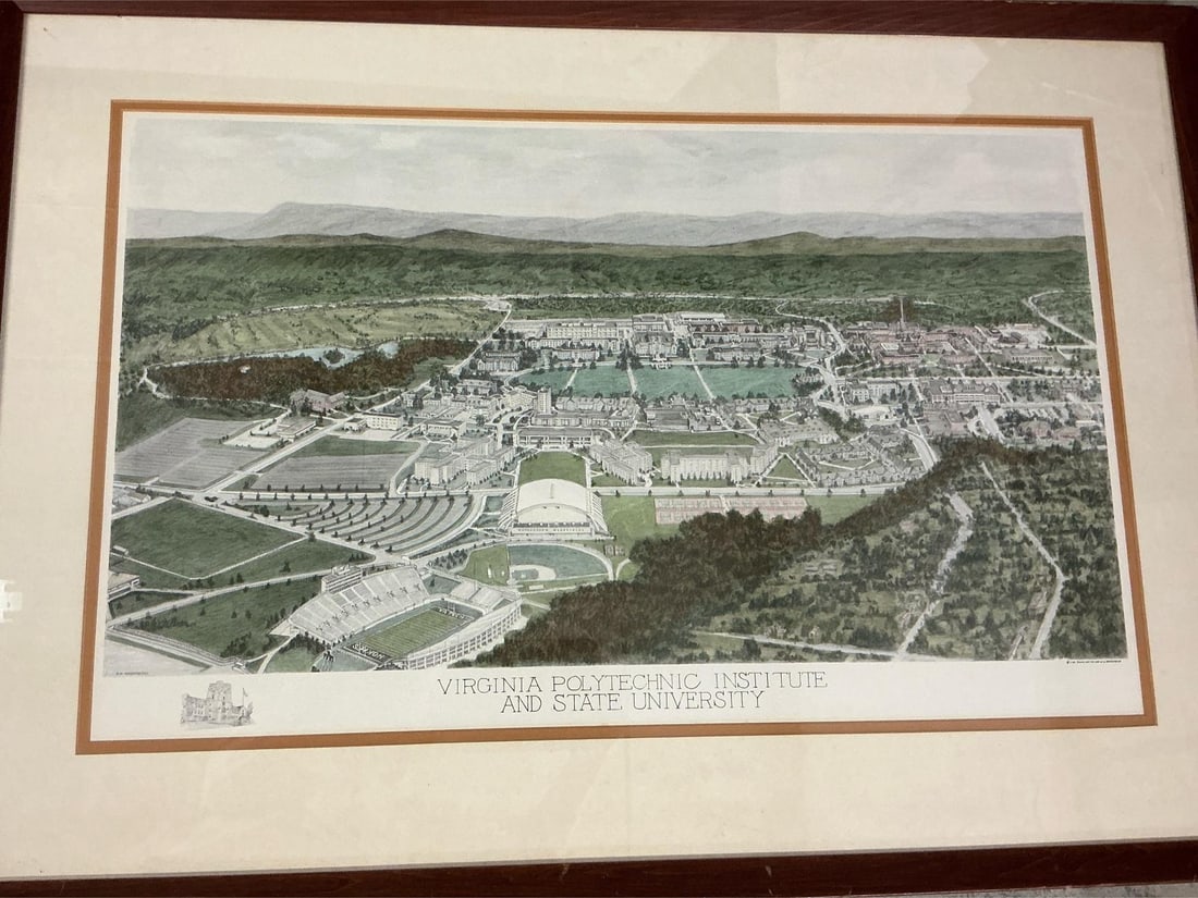 Aerial Picture of Virginia Tech Campus: Late 1900's aerial hand colored perspective of VPI and State University in Blacksburg VA. Includes surrounding mountain terrain. Matted and framed, in good condition. Measures 36 inches wide x 1 x