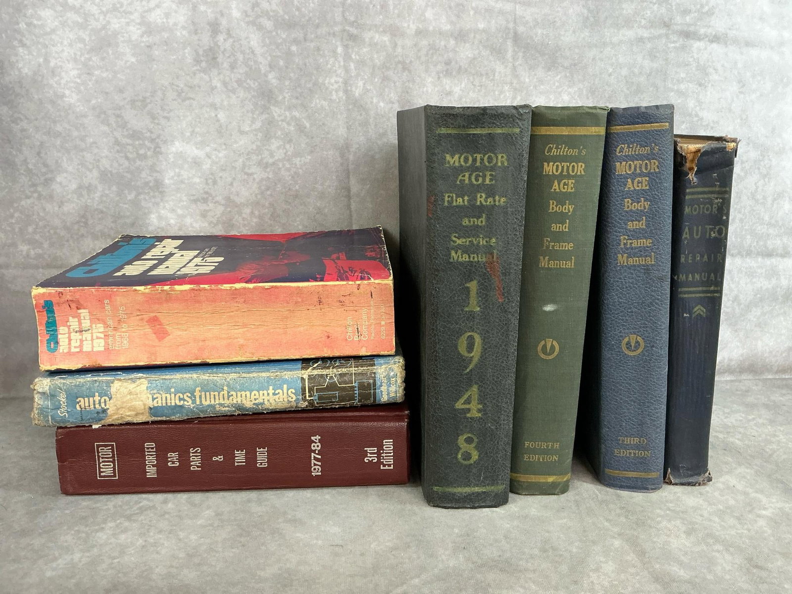 Automotive Manuals from 1935-1984: Seven automotive manuals covering 1930's- 1980's. Chilton's Motor Age Body and Frame Manuals for 1940's to 1950's models, Flat Rate and Service 1948, and 1935-1949 Repair Manual. Includes Chilton's