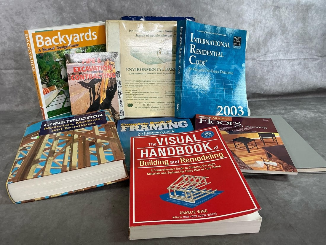 Construction & Remodeling Books: Nine early 2000's books. Includes International Residential Codes, Framing, Construction, Environmental Barriers, Backyards, and more. Books are used, but in good condition. Average size measures 8.5