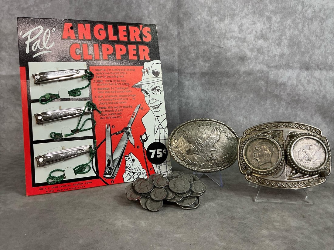 Belt Buckles & Clippers: Angler Clipper by "Pal" store display card with three clippers on both sides and three belt buckles from 1960's-1970's. Eisenhower silver dollars belt buckle, coins belt buckle, and Western style