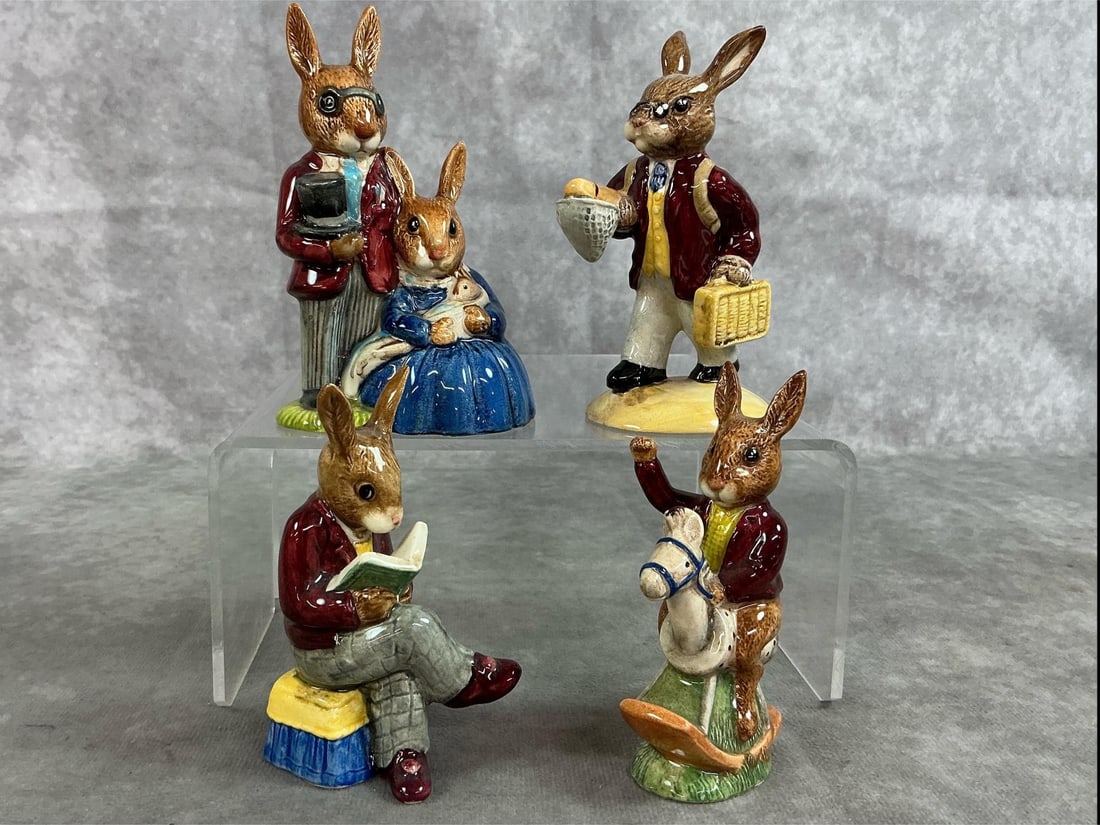 Bunnykins Figures: Four 1970's-1990's Bunnykins collectible figures. Includes "Family Photograph", "Fisherman", "Tally Ho", and "Grandpa's Story". All in good condition. "Family" measures 3 inches wide at base x 2.25 x
