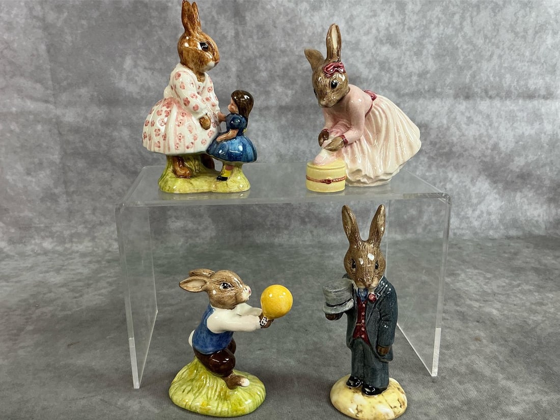 Collectible Bunnykins: Four 1972-1997 Royal Doulton figures. Bunnykins include "Ballerina ", "Plat time", "Harry Bunnykins", and "Groom". All in good condition. Ballerina measures 3 inches wide x 2 x 3.5 inches tall.