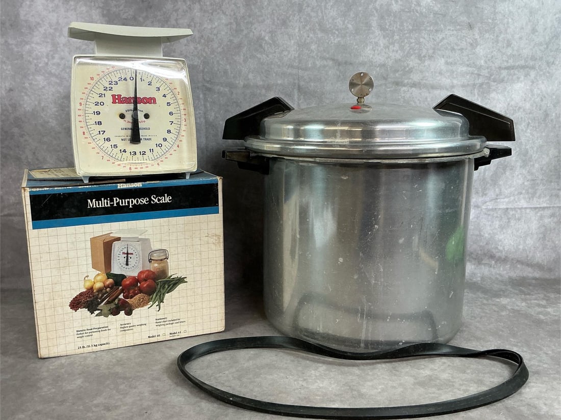 Pressure Canner & Scale: Mirror 22 quart pressure cooker and canner. Includes pressure gauge and rubber gasket ring. Also vintage Hanson Multi-purpose scale, 25 lb capacity. In good condition. Pressure canner measures 15